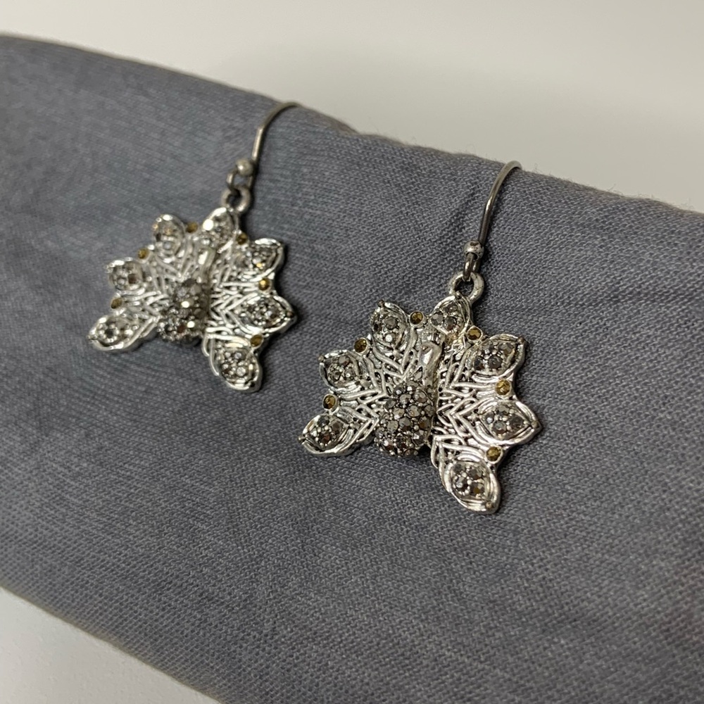 Lucky Brand Peacock Bedazzled Decorative Dangle Charm Silver Tone Earrings - Picture 8 of 9